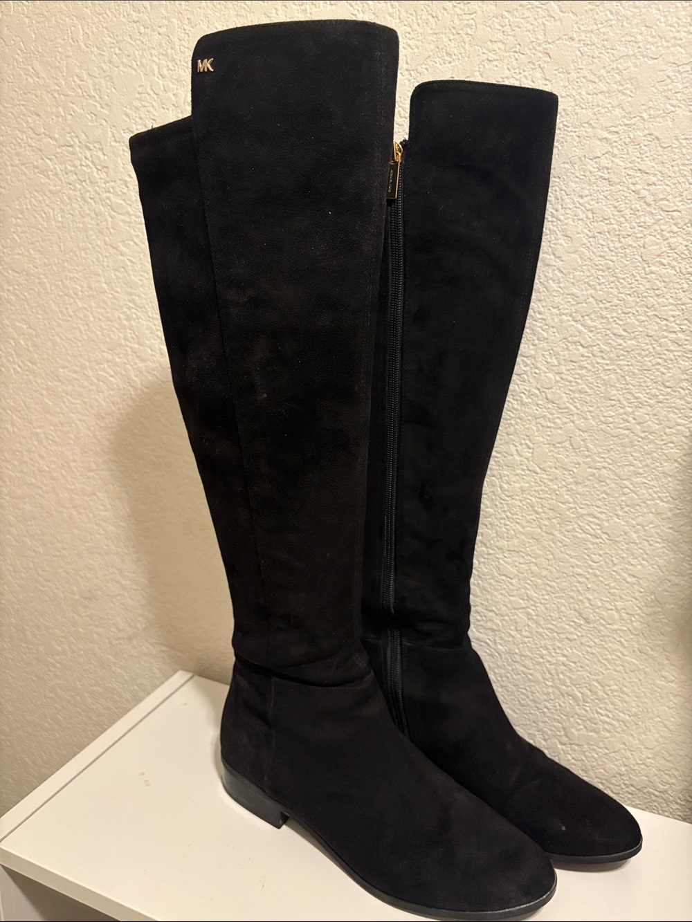 Michael Kors Black Suede Over-the-Knee Boots with Gold MK Accent